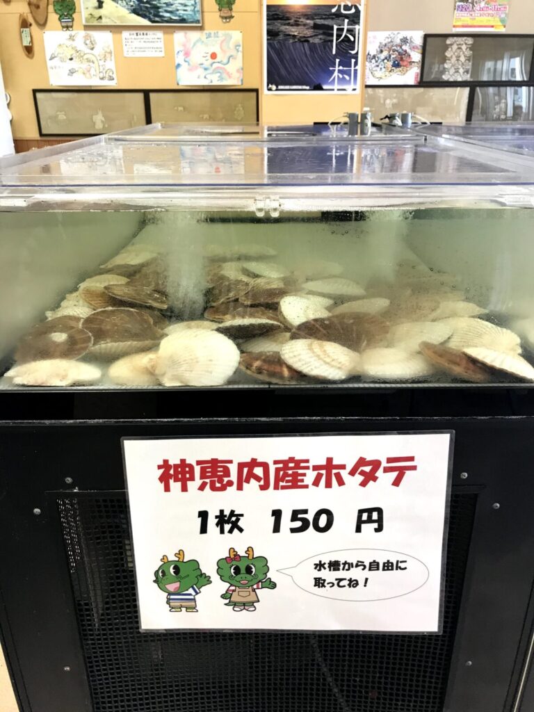 道の駅オスコイ！かもえないにある神恵内産ホタテの水槽販売、1枚150円の表示とキャラクター付き案内