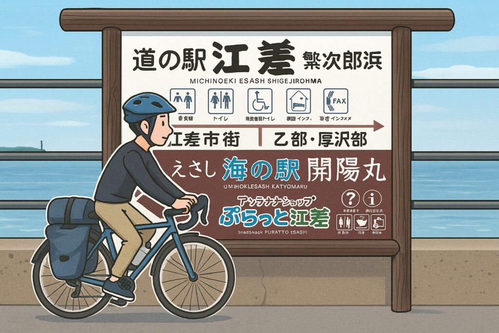 道の駅江差（繁次郎浜）の看板前を通る自転車の旅人のイラスト。背景に青い海が広がる。