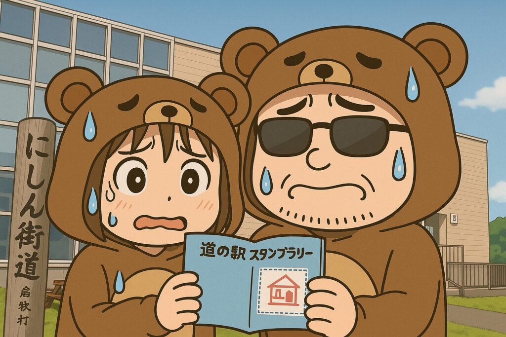 「道の駅よってけ！島牧」の前で、スタンプ帳を見ながら冷や汗をかいているくま夫婦のイラスト