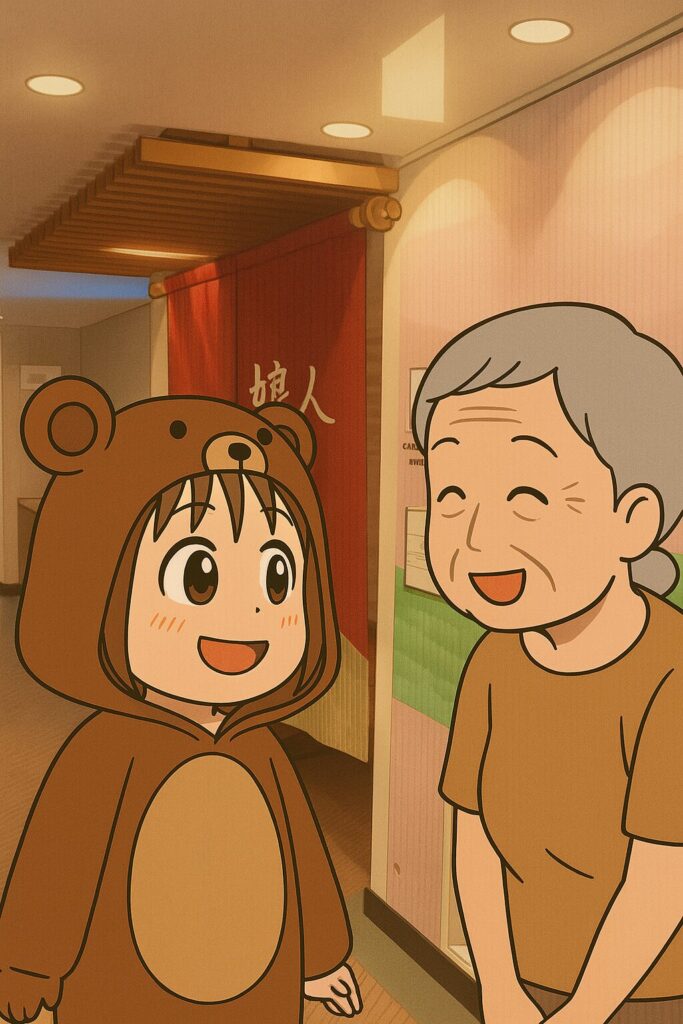 温泉施設の入口前で、くまの着ぐるみを着た女性と高齢女性が笑顔で会話しているイラスト。背景には「婦人」と書かれたのれんが見える。

