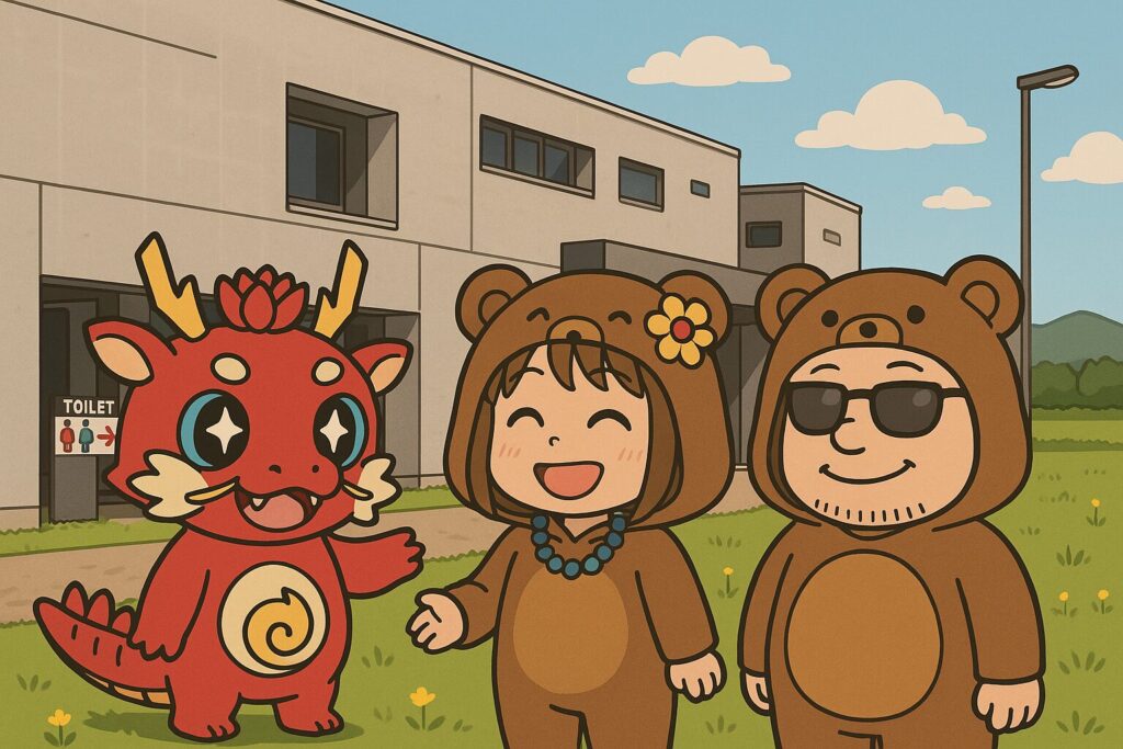 道の駅巡り｜道の駅きこないの前でカミゴンとくま夫婦が仲良く遊ぶ様子のイラスト