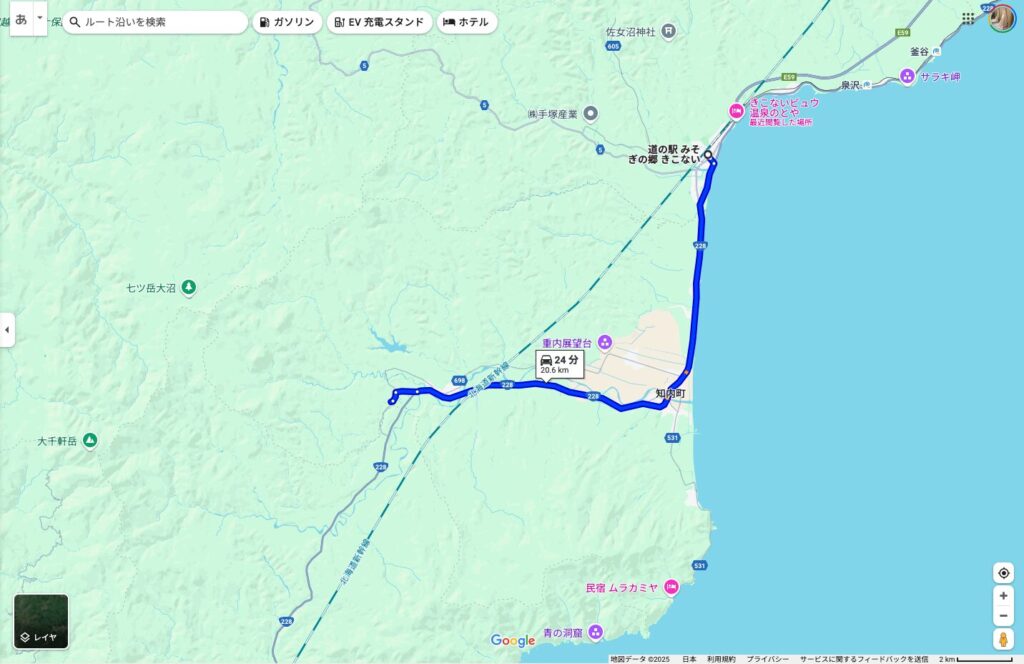道の駅「みそぎの郷 きこない」から知内温泉へのルート地図（所要約24分）
