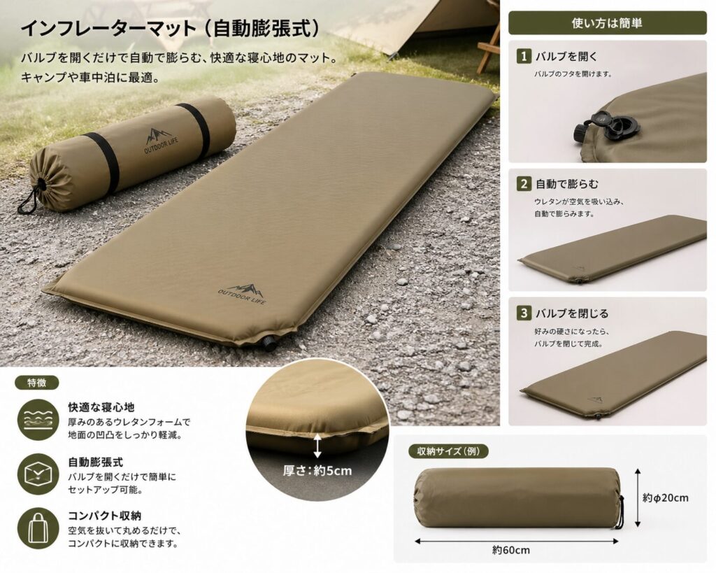車中泊・キャンプ用インフレーターマット(自動膨張式)の使い方と収納サイズの説明画像
