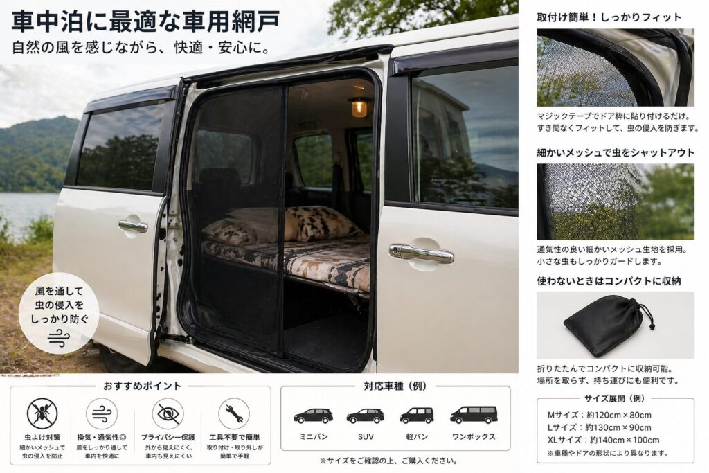 車中泊用 車用網戸 設置イメージ|虫よけ・換気・プライバシー保護・工具不要で簡単装着・ミニバン/SUV/軽バン対応