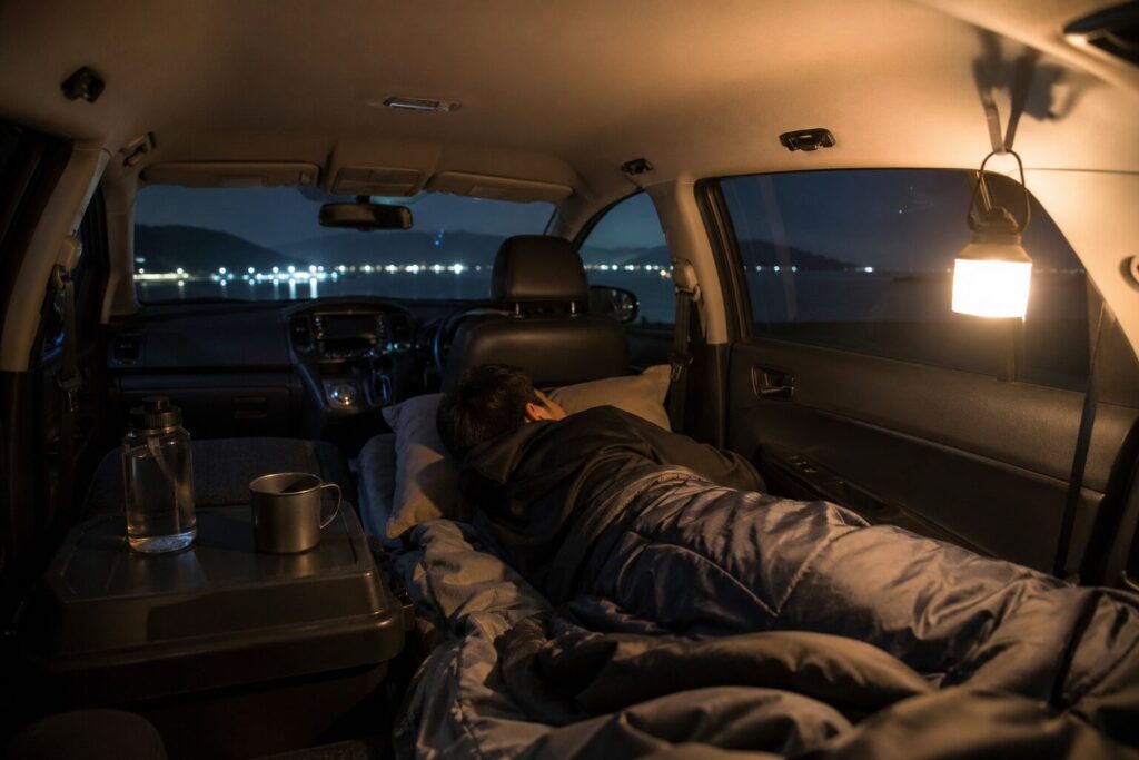 車中泊の始め方|夜景が見える車の中でランタンの明かりのもと寝袋で就寝する男性