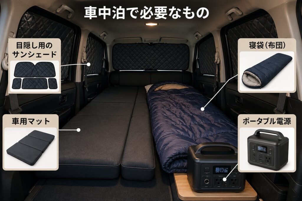 車中泊に必要な4つのアイテム(サンシェード・車用マット・寝袋・ポータブル電源)を紹介する画像