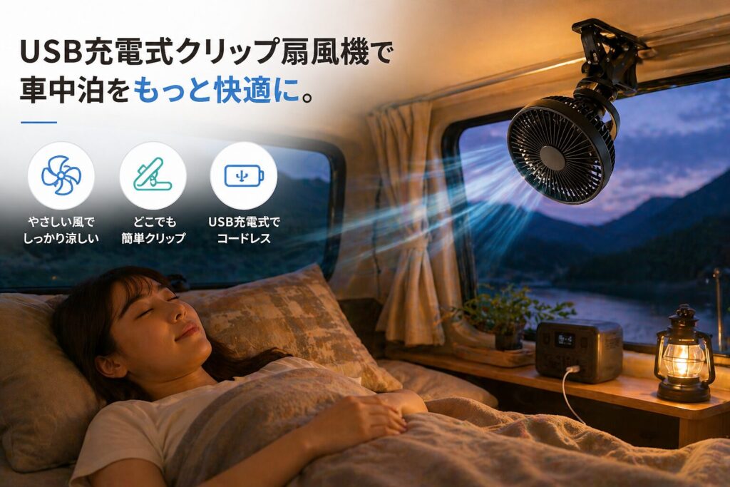USB充電式クリップ扇風機 車中泊使用イメージ|天井クリップ固定・コードレス・快適睡眠