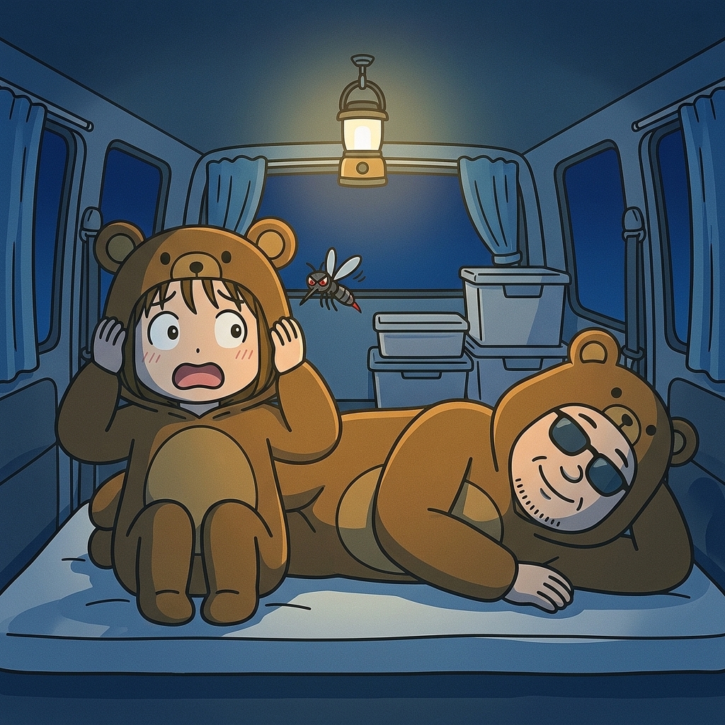 夜のハイエース車内でくま嫁が蚊に気づいてパニック、旦那はサングラスで熟睡中のイラスト