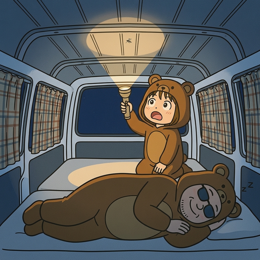 ハイエース車内の夜、くま嫁が懐中電灯で天井の蚊を探し、くま旦那がマットレスでZZZと爆睡しているイラスト