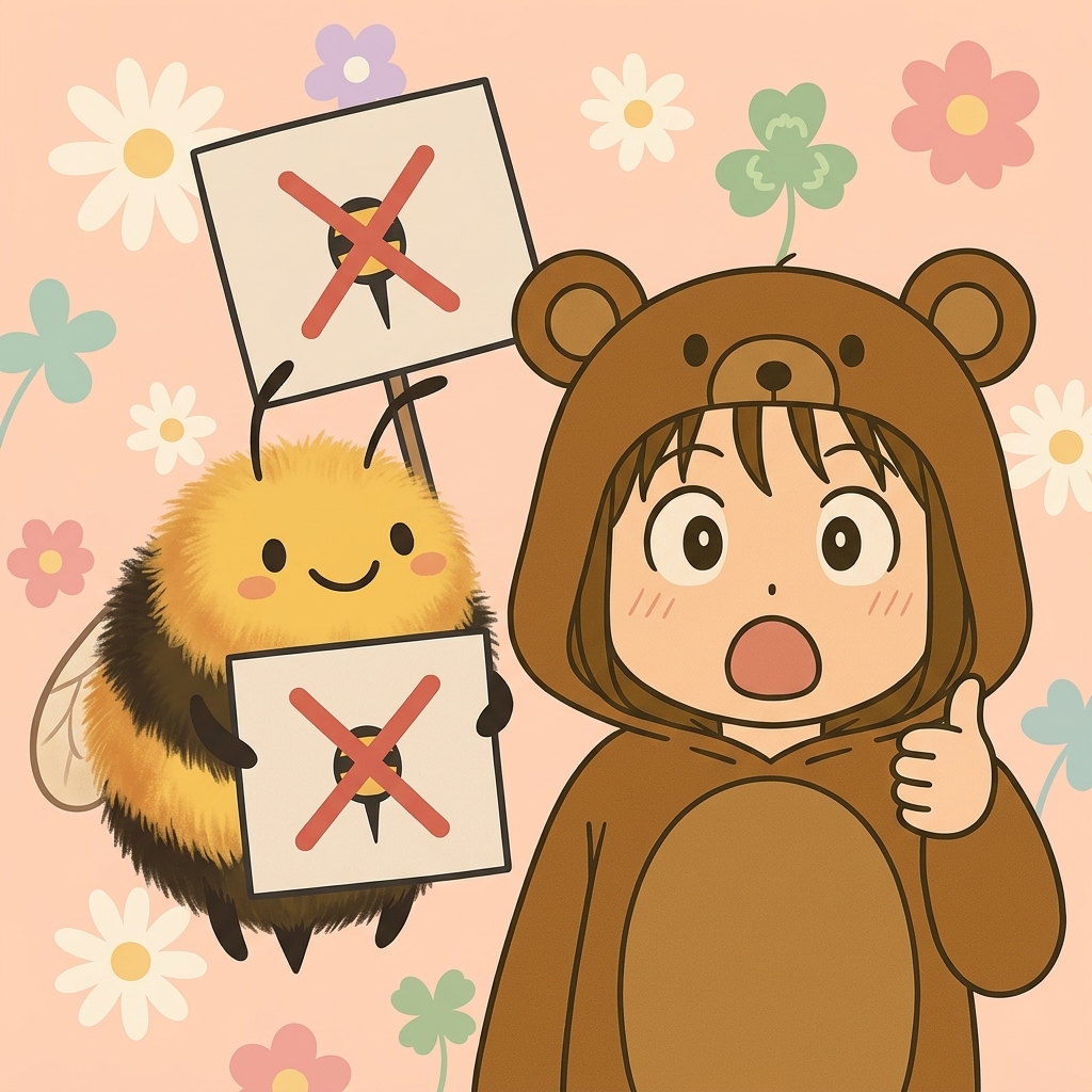 クマンバチが「刺さないよ」というプラカードを持ちながら笑顔で立っており、くま嫁が驚いている様子のイラスト