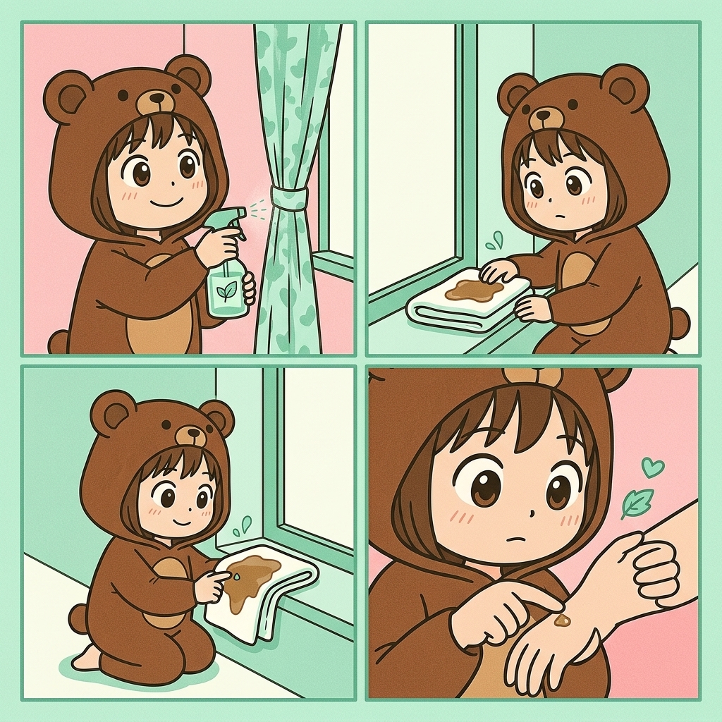 ハッカ油の使い方をマンガ形式で描いたイラスト（カーテンにスプレー・窓枠に塗る・刺された肌に塗る）