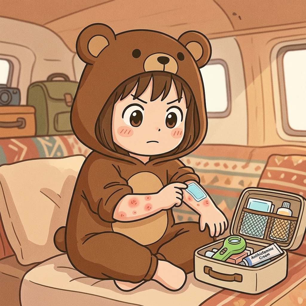 ハイエース車内でくま嫁が刺された腕に薬を貼りながら応急処置ポーチを広げているイラスト