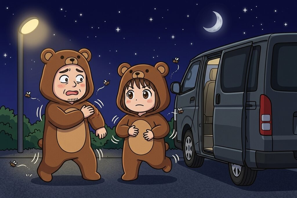 夜の駐車場でダークグレーのハイエースの前に立つくま夫婦が、乗り込む前に体の虫を払い落としているイラスト