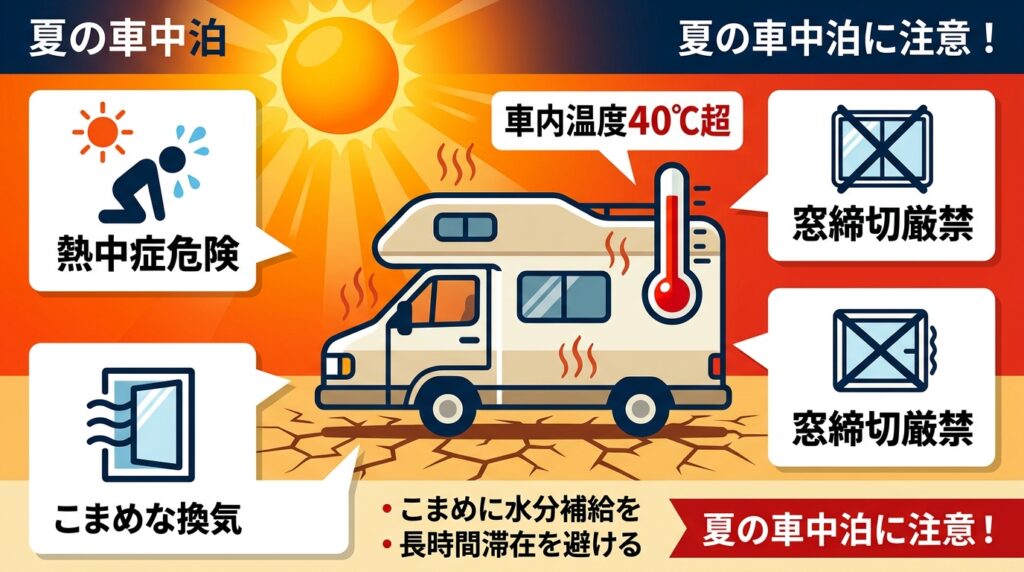 車中泊の暑さ対策|夏の車中泊の危険性を伝えるインフォグラフィック|車内温度40℃超・熱中症危険・窓締切厳禁・こまめな換気の注意喚起