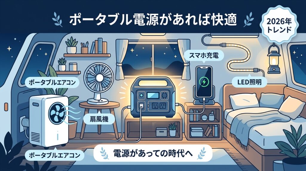2026年車中泊トレンド|ポータブル電源を中心にエアコン・扇風機・LED照明・スマホ充電を接続した快適なキャンピングカー車内イメージ