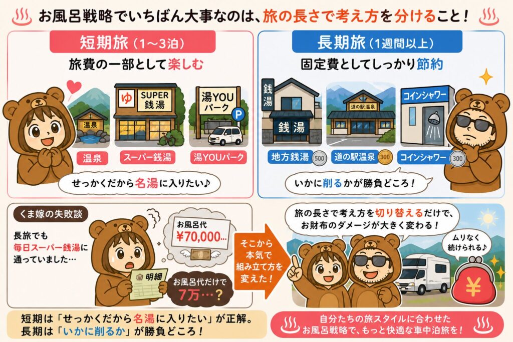 車中泊のお風呂｜短期旅と長期旅のお風呂戦略を図解したインフォグラフィック。くま嫁とくま旦那が短期は名湯・スーパー銭湯・湯YOUパークで楽しむ、長期は地方銭湯・道の駅温泉・コインシャワーで節約する考え方を説明している