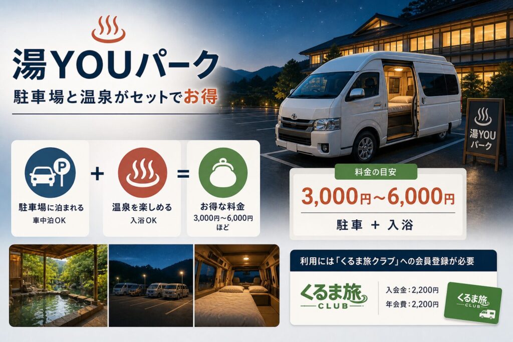 湯YOUパークの仕組みを図解したインフォグラフィック。駐車場に泊まれる車中泊OKの施設で温泉も楽しめて、料金は駐車＋入浴で3,000〜6,000円が目安。利用にはくるま旅クラブへの会員登録が必要