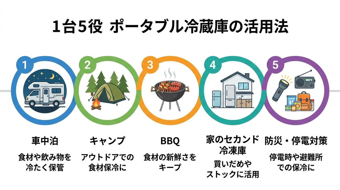 ポータブル冷蔵庫の車中泊・キャンプ・BBQ・家庭・防災の5つの使い道を示した図