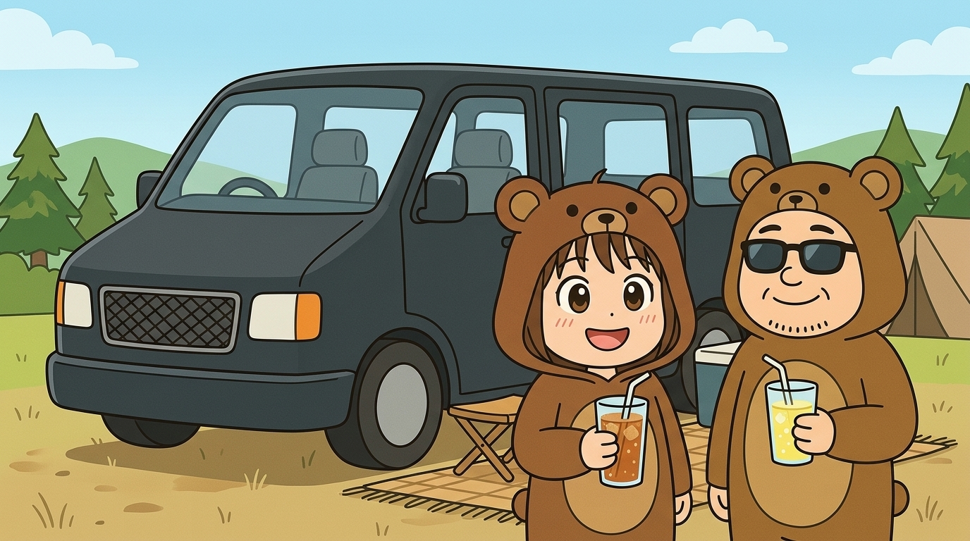 ポータブル冷蔵庫で冷たい飲み物を楽しむ車中泊夫婦のイラスト