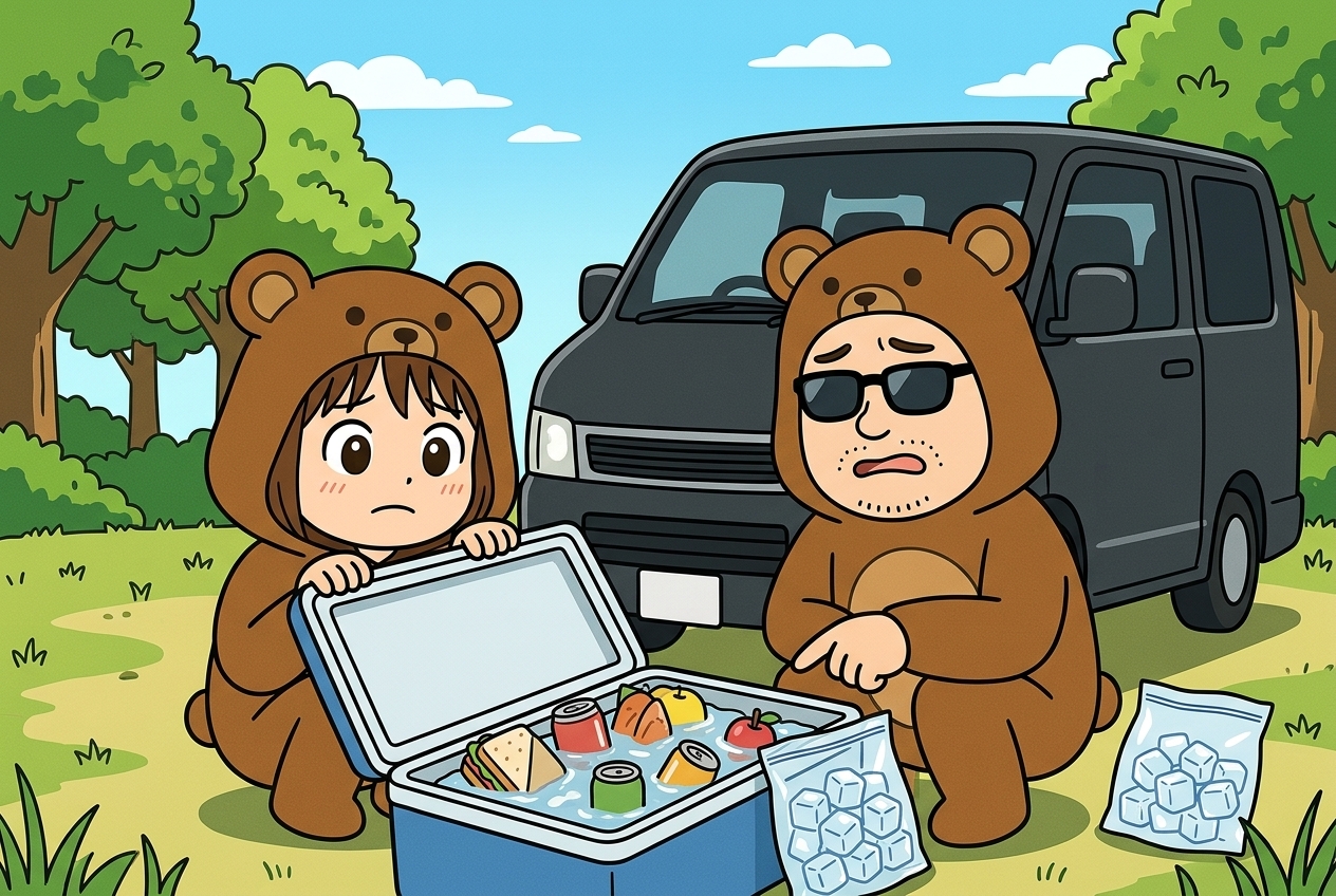 クーラーボックスと氷だけで食材をやりくりして困る車中泊夫婦のイラスト