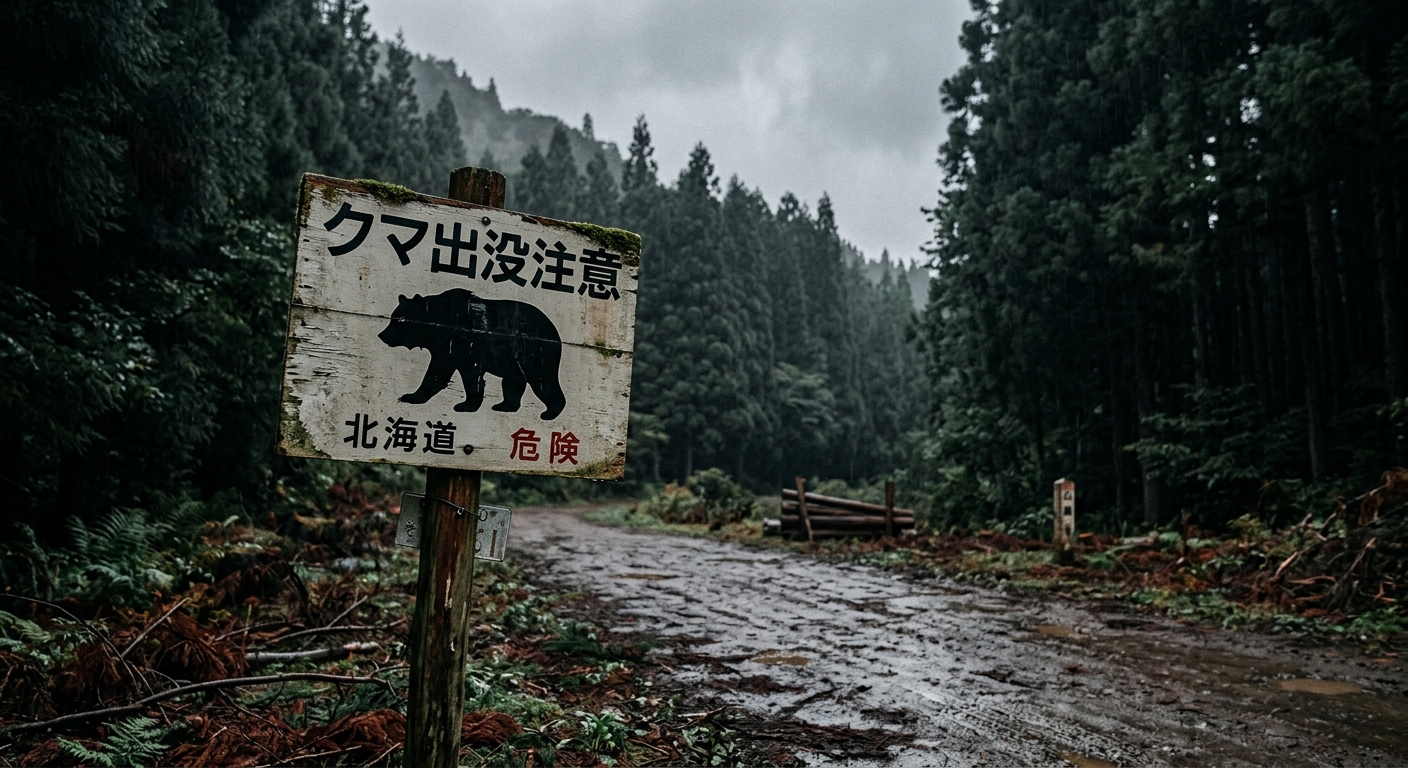 北海道の林道に立つヒグマ出没注意の警告看板