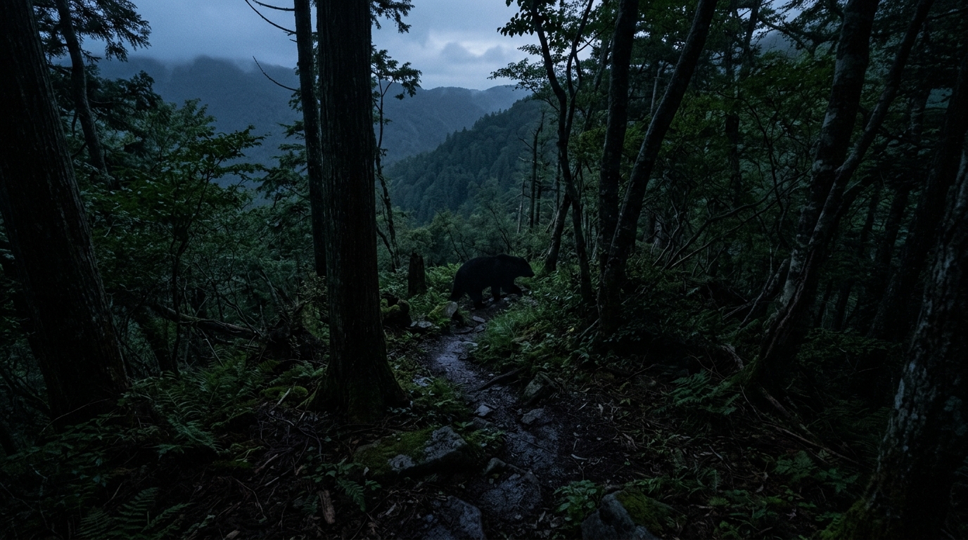 暗い日本の山林の木々の影の奥にかろうじて見えるクマのシルエット