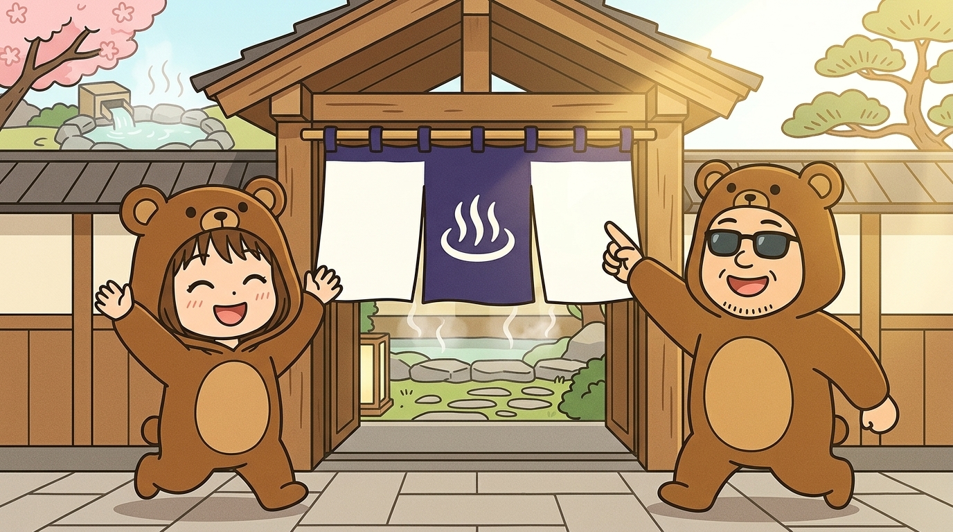 日帰り温泉の暖簾をくぐろうとするくま嫁とくま旦那のイラスト