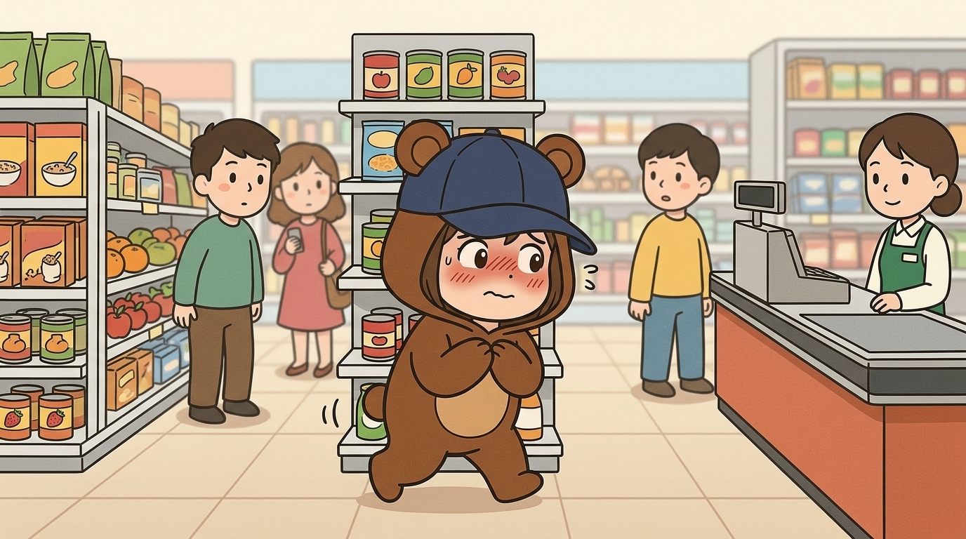 深く帽子をかぶってスーパーのレジへこっそり向かうくま嫁のコミカルなイラスト