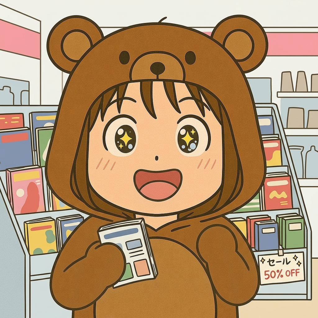 コンビニの本棚で温泉ガイド本を手にとり目を輝かせるくま嫁のイラスト