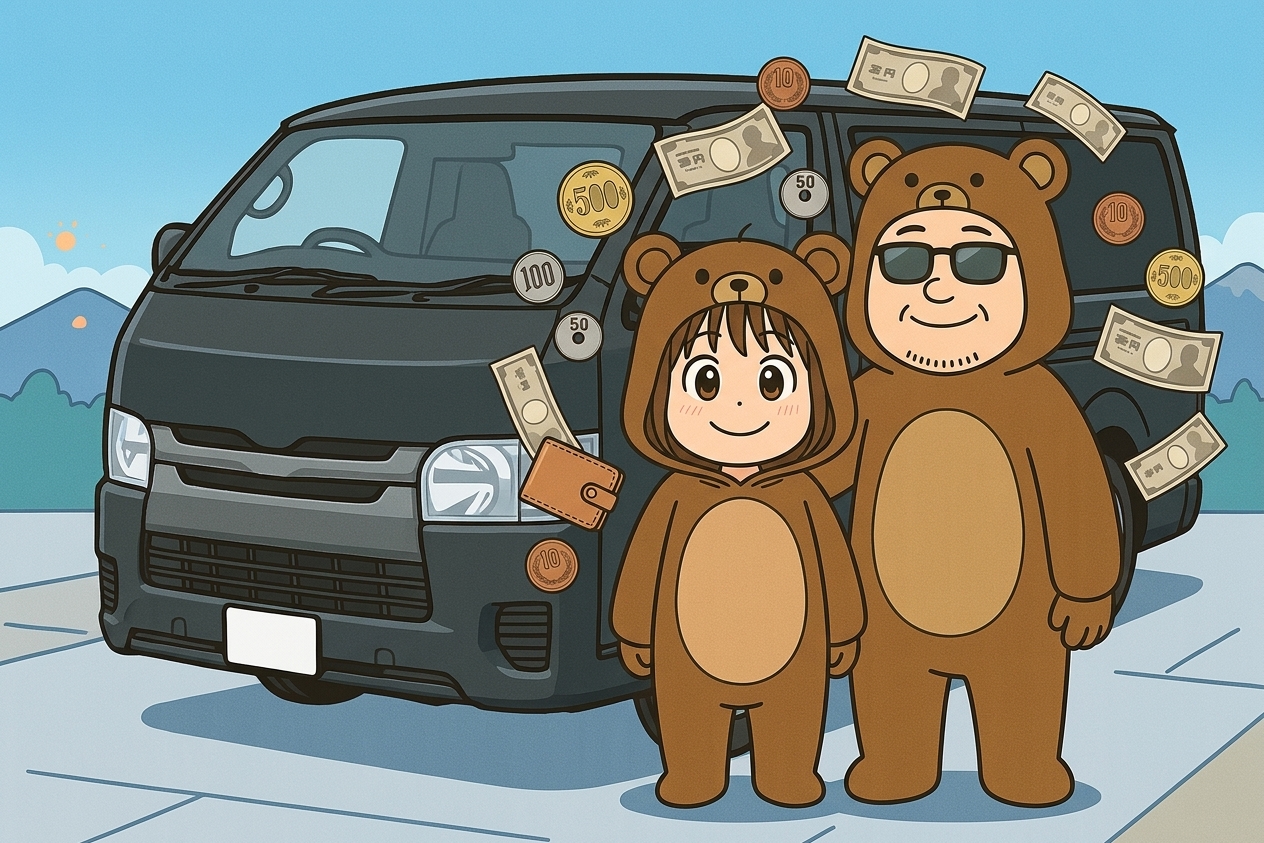 車中泊の節約イメージ｜ハイエース前で笑顔のくま夫婦の周りに小銭やお札・財布が浮かぶ