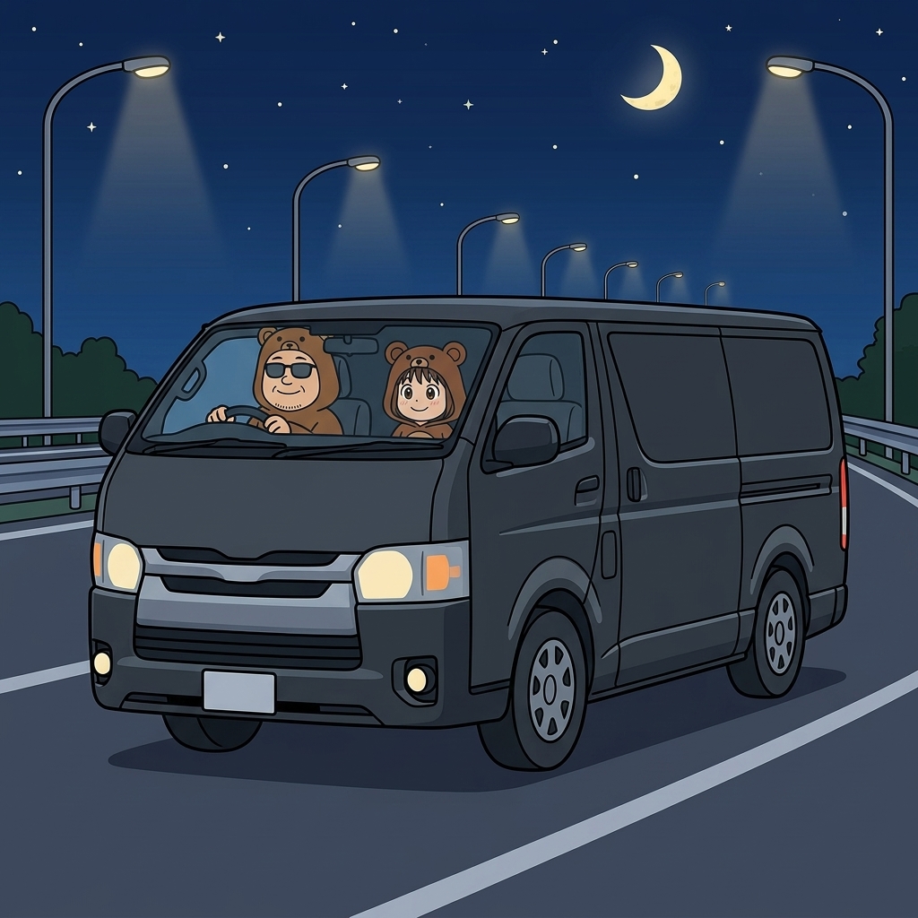 深夜の高速道路を夫婦で走るダークグレーのハイエース。運転席にくま旦那、助手席にくま嫁