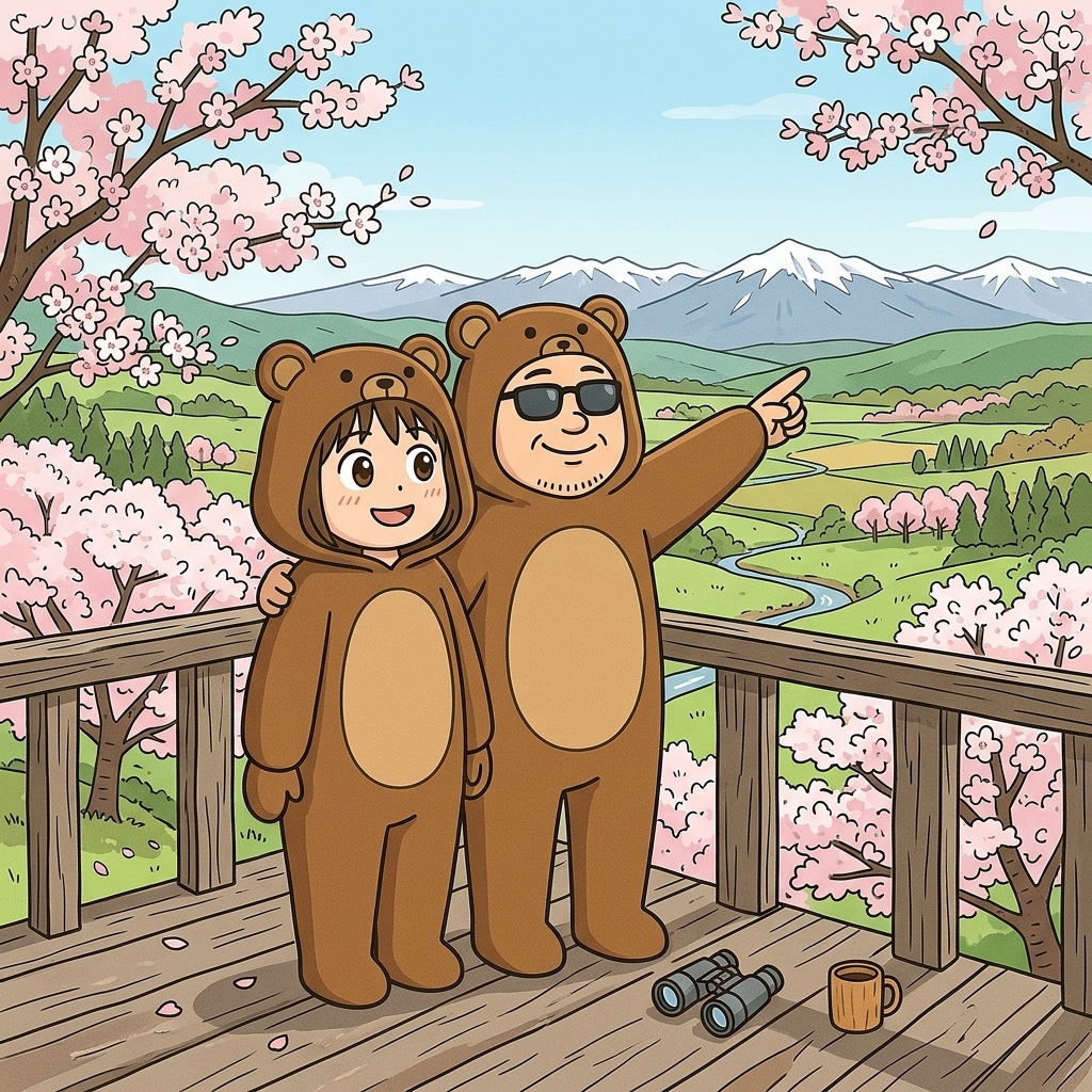 桜咲く展望台で景色を眺めるくま夫婦。旦那が遠くの山を指さしている